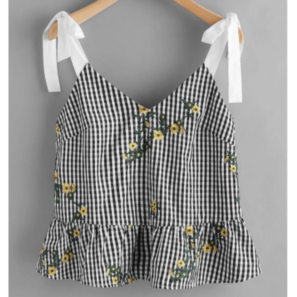 SHEIN Tie Shoulder Embroidered Ruffle Gingham Top